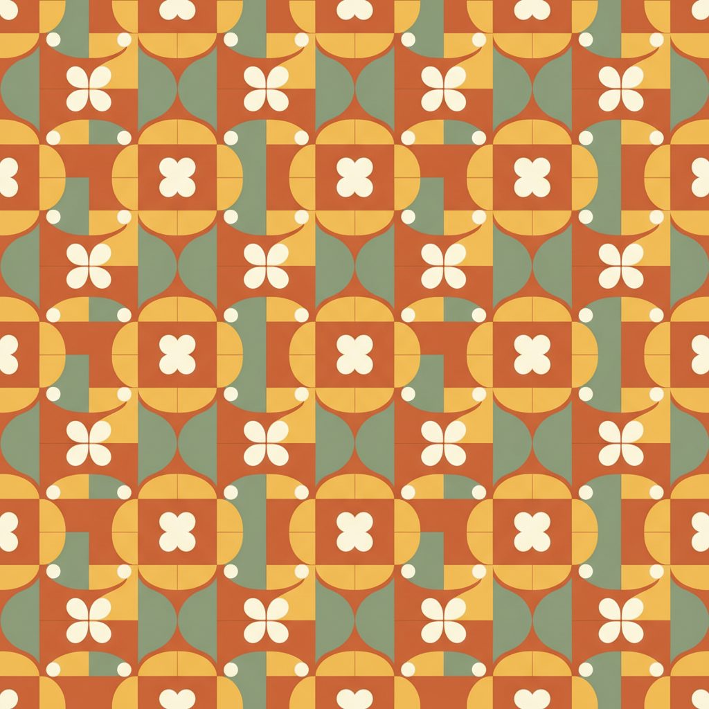 Close-up of a geometric tile wallpaper pattern with terracotta and yellow four-petal flowers.