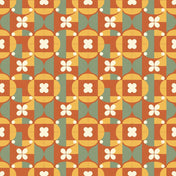 Close-up of a geometric tile wallpaper pattern with terracotta and yellow four-petal flowers.