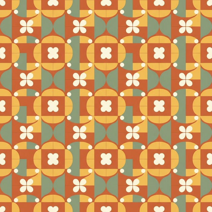 Close-up of a geometric tile wallpaper pattern with terracotta and yellow four-petal flowers.
