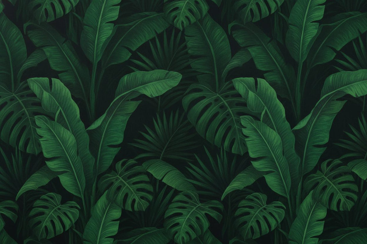 Close-up of a dense, dark green tropical leaf wallpaper showing detailed palm, monstera, and banana leaf motifs.