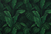 Close-up of a dense, dark green tropical leaf wallpaper showing detailed palm, monstera, and banana leaf motifs.