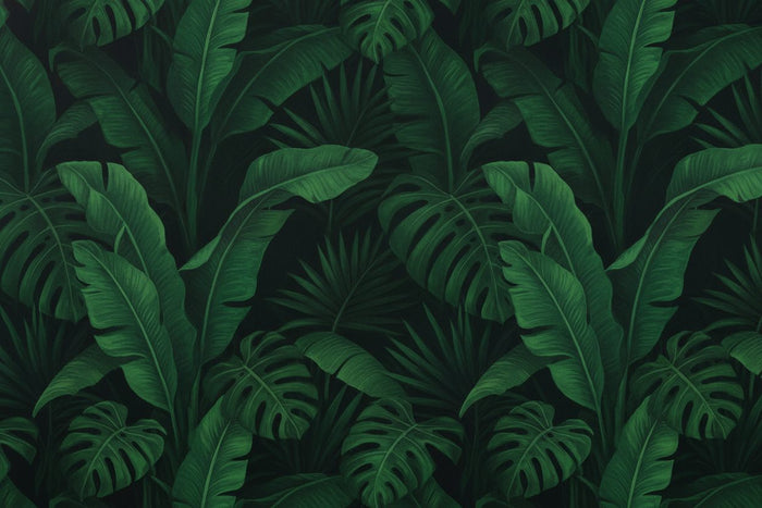Close-up of a dense, dark green tropical leaf wallpaper showing detailed palm, monstera, and banana leaf motifs.