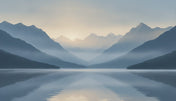 Full view of a custom-size panoramic wall mural showing layered misty mountain ranges above a reflective lake in blue and grey tones.