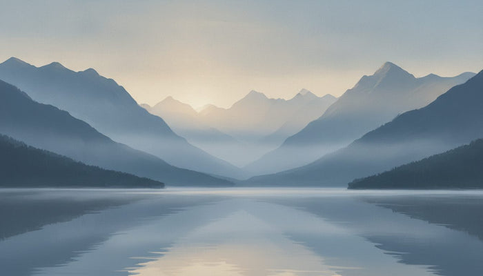 Full view of a custom-size panoramic wall mural showing layered misty mountain ranges above a reflective lake in blue and grey tones.