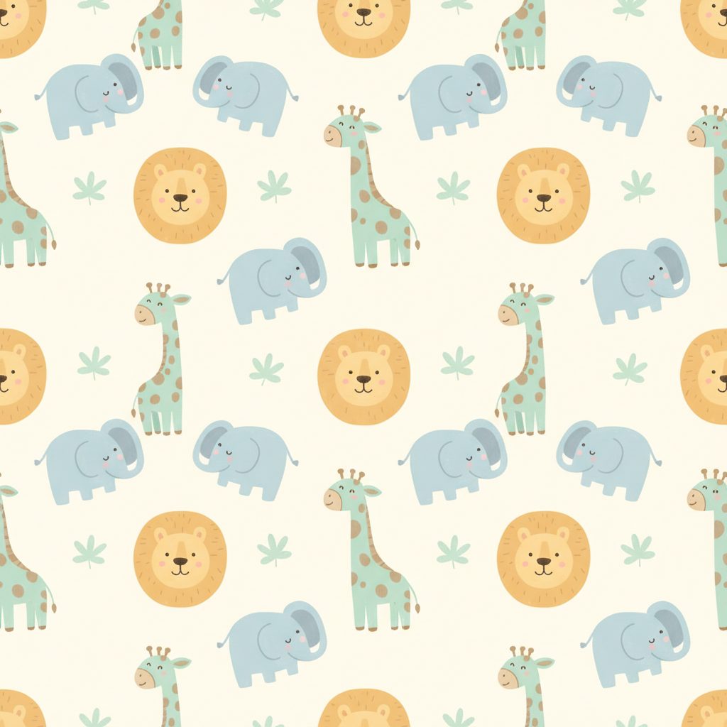 A large section of custom-size elephant wallpaper with pastel-toned cartoon animals and green leaves on a light sage background.