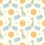 A large section of custom-size elephant wallpaper with pastel-toned cartoon animals and green leaves on a light sage background.