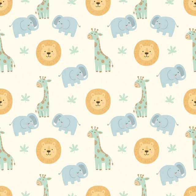 A large section of custom-size elephant wallpaper with pastel-toned cartoon animals and green leaves on a light sage background.