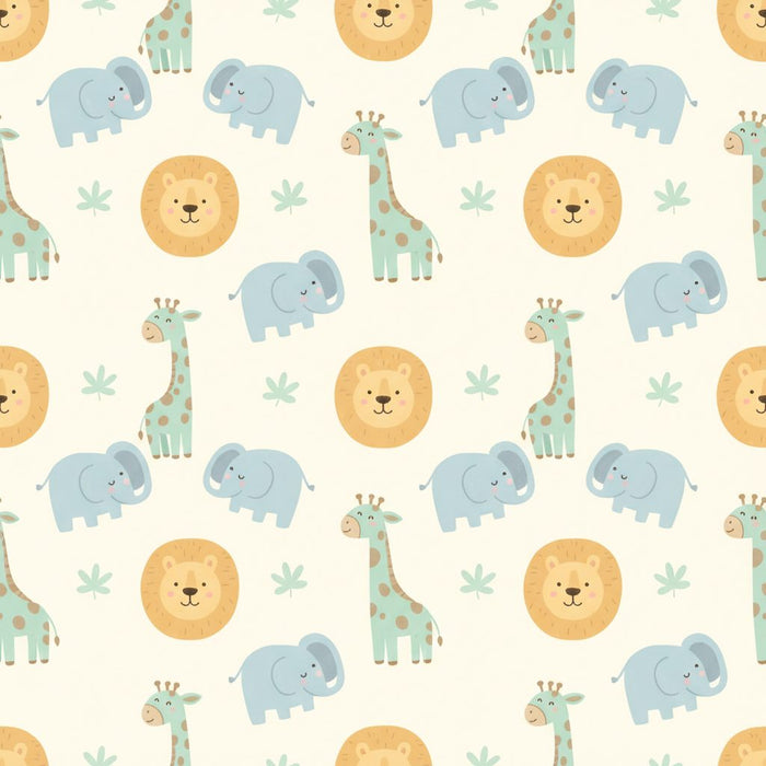 A large section of custom-size elephant wallpaper with pastel-toned cartoon animals and green leaves on a light sage background.