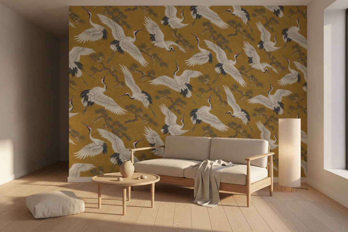 Crane Wallpaper with Pine and Gold, in a modern living room