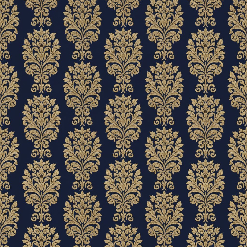 A close-up of the digital illustration wallpaper showing a repeating gold damask ornament pattern on a dark navy background.