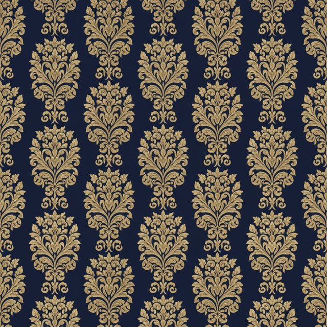 A close-up of the digital illustration wallpaper showing a repeating gold damask ornament pattern on a dark navy background.