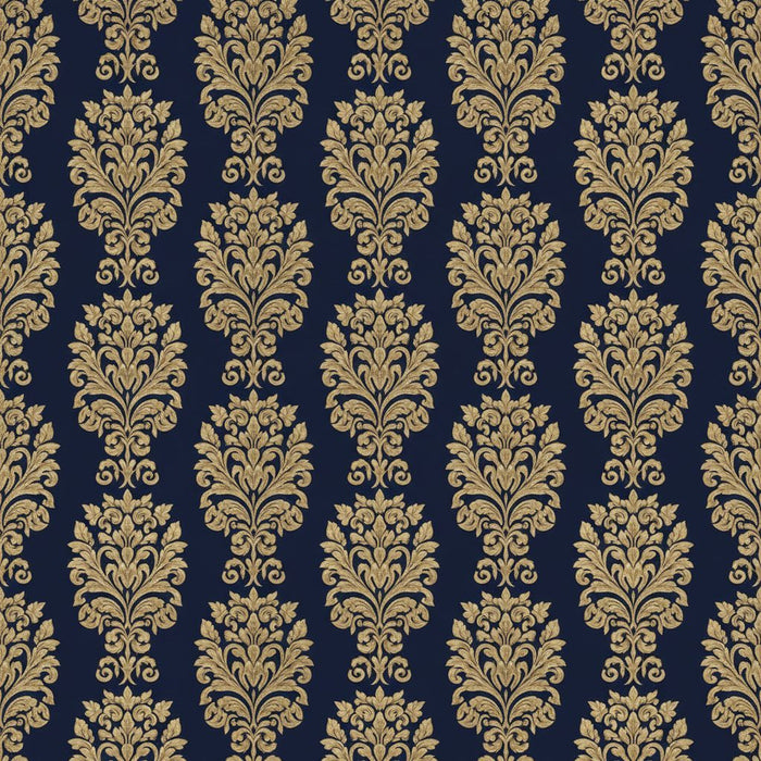 A close-up of the digital illustration wallpaper showing a repeating gold damask ornament pattern on a dark navy background.