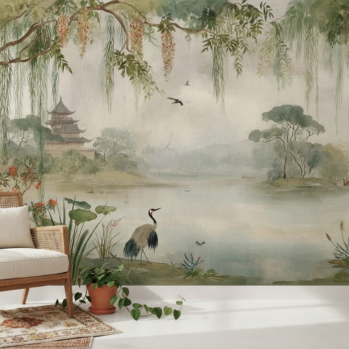 Full view of a hand-painted watercolor wall mural design, featuring a misty East Asian landscape with a pagoda, serene lake, cranes, and wisteria.
