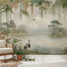 Watercolor East Asian Landscape Wall Mural with Cranes