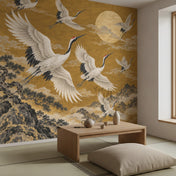 Crane Mural Wallpaper with Golden Mountains, in a Japandi tea corner