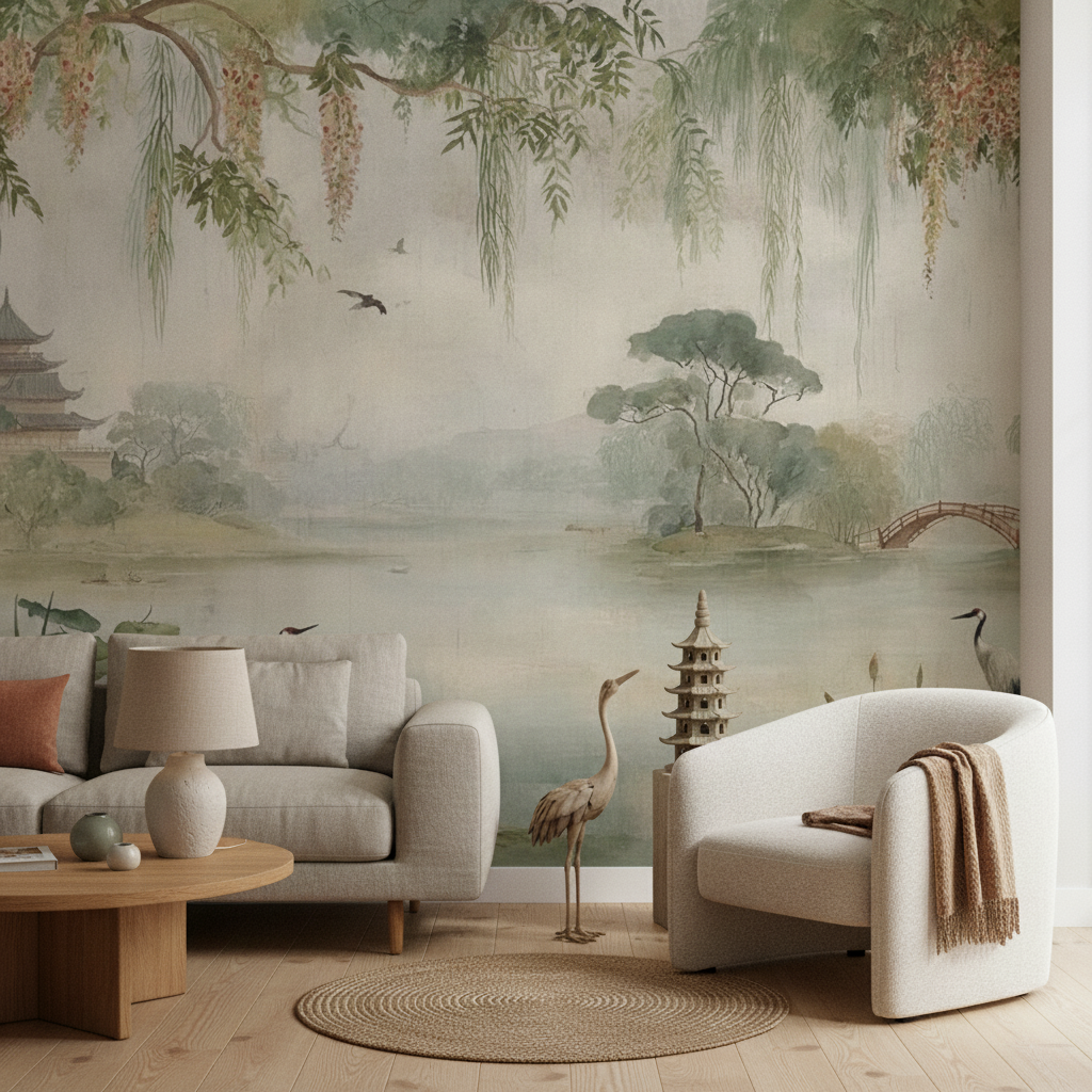 Watercolor East Asian Landscape Wall Mural with Cranes