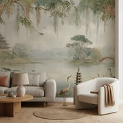 Panoramic custom wall mural showcasing a calm East Asian landscape with a multi-tiered pagoda, lake, arched bridge, and cranes amidst trees.