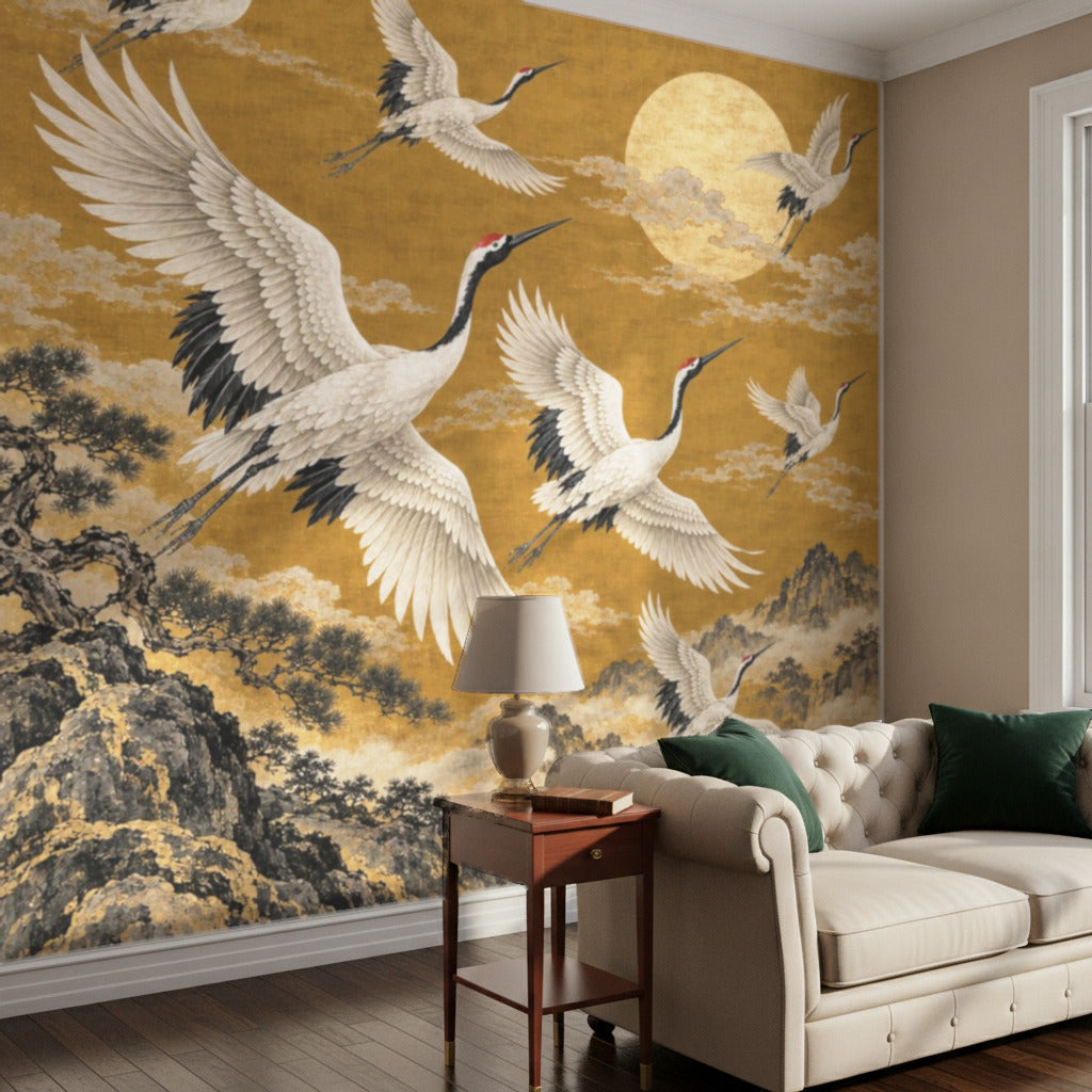 Crane Mural Wallpaper with Golden Mountains