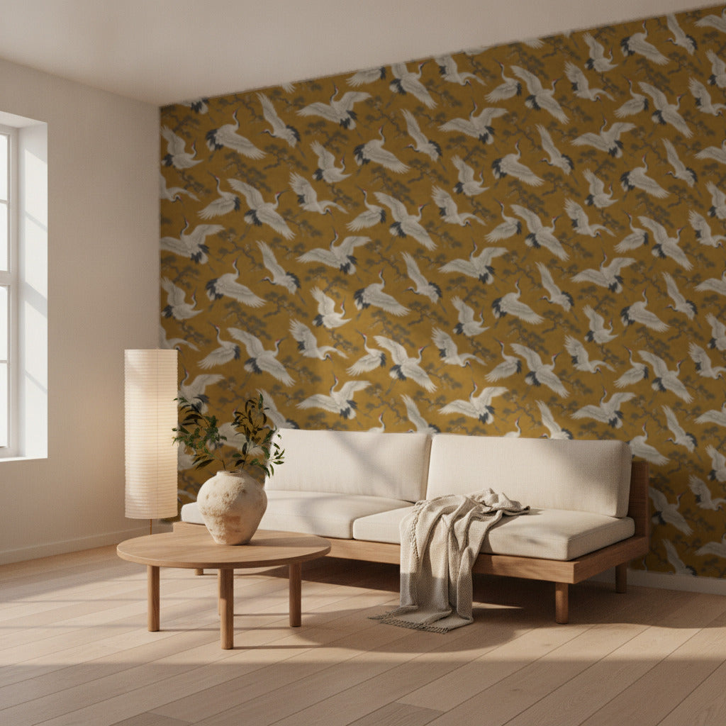 Crane Wallpaper with Golden Pines, in a modern living room