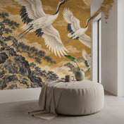 Crane Mural Wallpaper with Golden Mountains, in a dressing corner