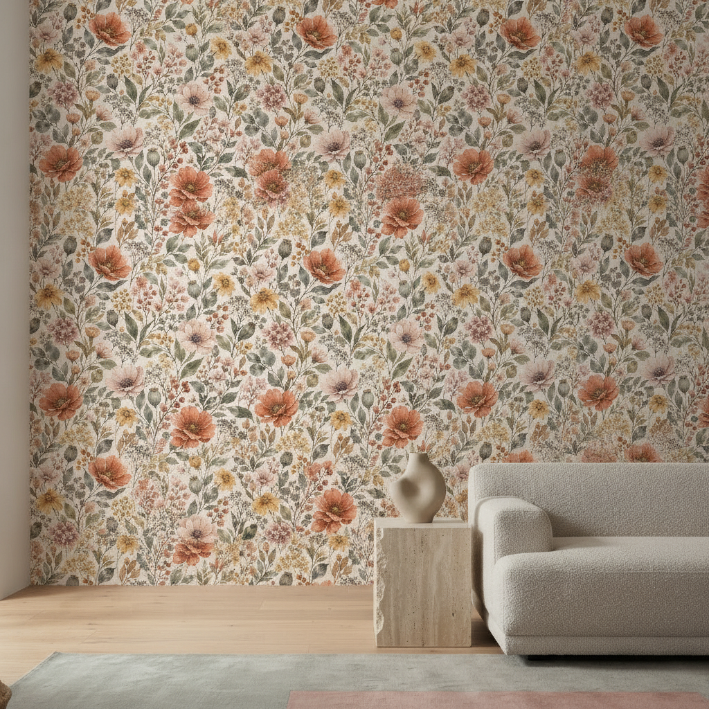 Full repeating pattern of watercolor flowers, leaves, branches, berries, and seed pods against a light cream background, in muted terracotta, blush pink, warm yellow, and sage green.