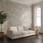 Bird Wallpaper with Pink Cherry Blossoms, in a classic living room (another angle)