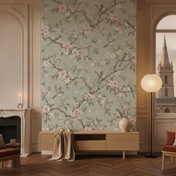 Bird Wallpaper with Pink Cherry Blossoms, in a classic living room