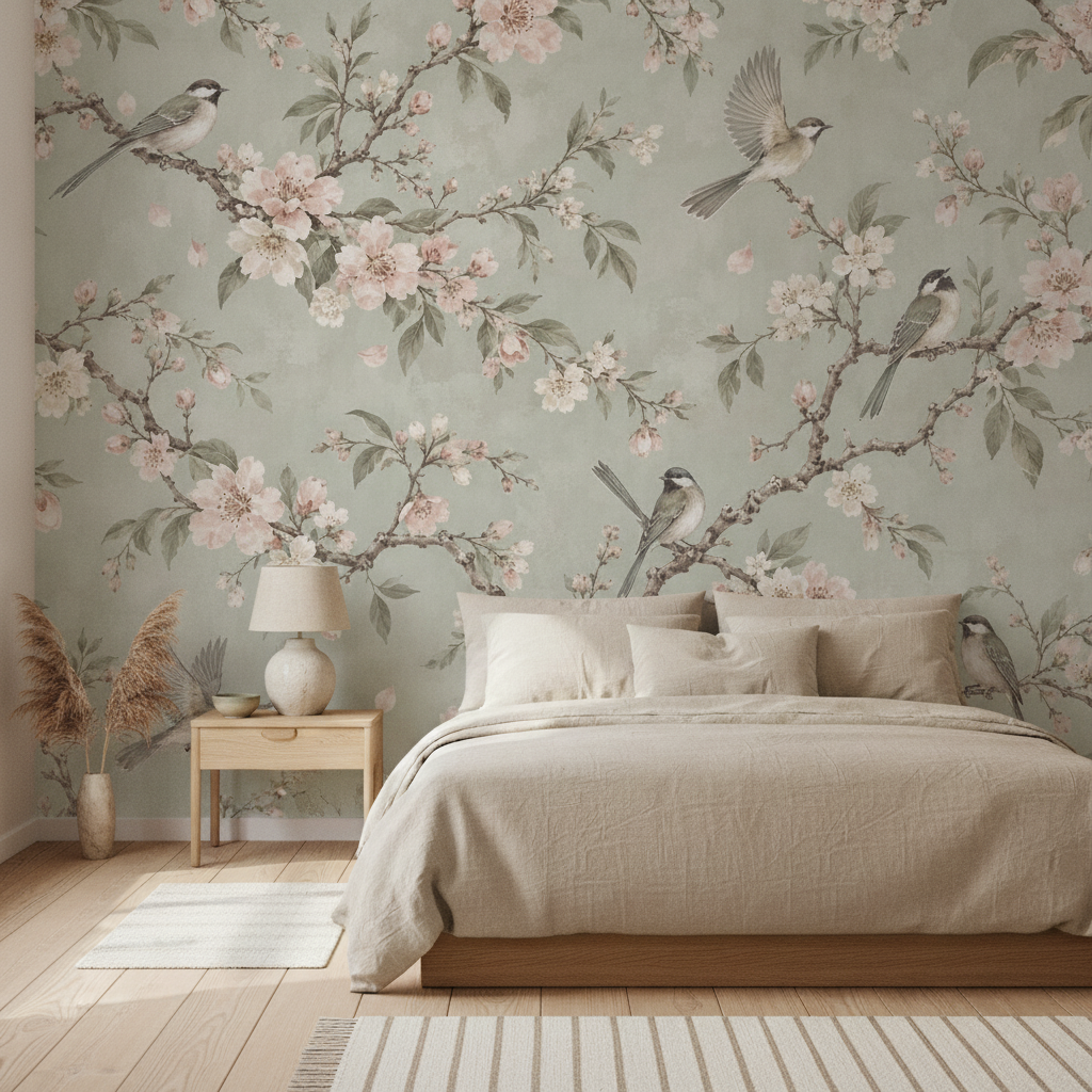 Bird Wallpaper with Pink Cherry Blossoms, in a Scandinavian bedroom