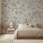 Bird Wallpaper with Pink Cherry Blossoms, in a Scandinavian bedroom