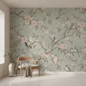 Bird Wallpaper with Pink Cherry Blossoms, above an accent chair