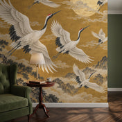 Crane Mural Wallpaper with Golden Mountains, by a reading chair