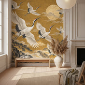 Crane Mural Wallpaper with Golden Mountains, in a classic living room
