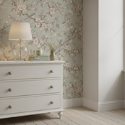 Bird Wallpaper with Pink Cherry Blossoms, behind a dresser