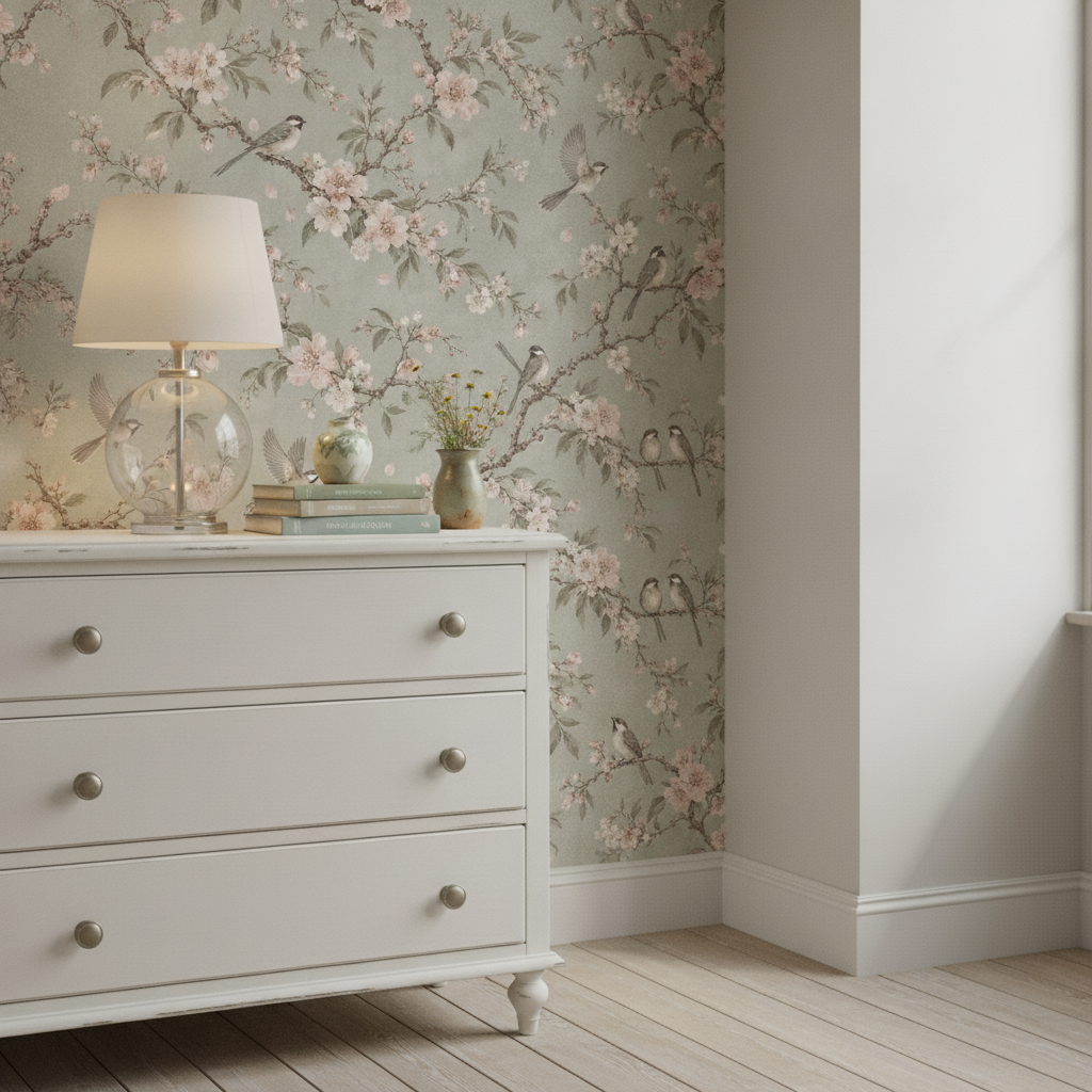 Bird Wallpaper with Pink Cherry Blossoms