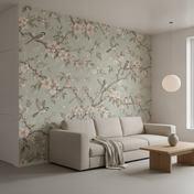 Bird Wallpaper with Pink Cherry Blossoms, in a modern living room