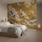 Crane Mural Wallpaper with Golden Mountains, in a Scandinavian bedroom
