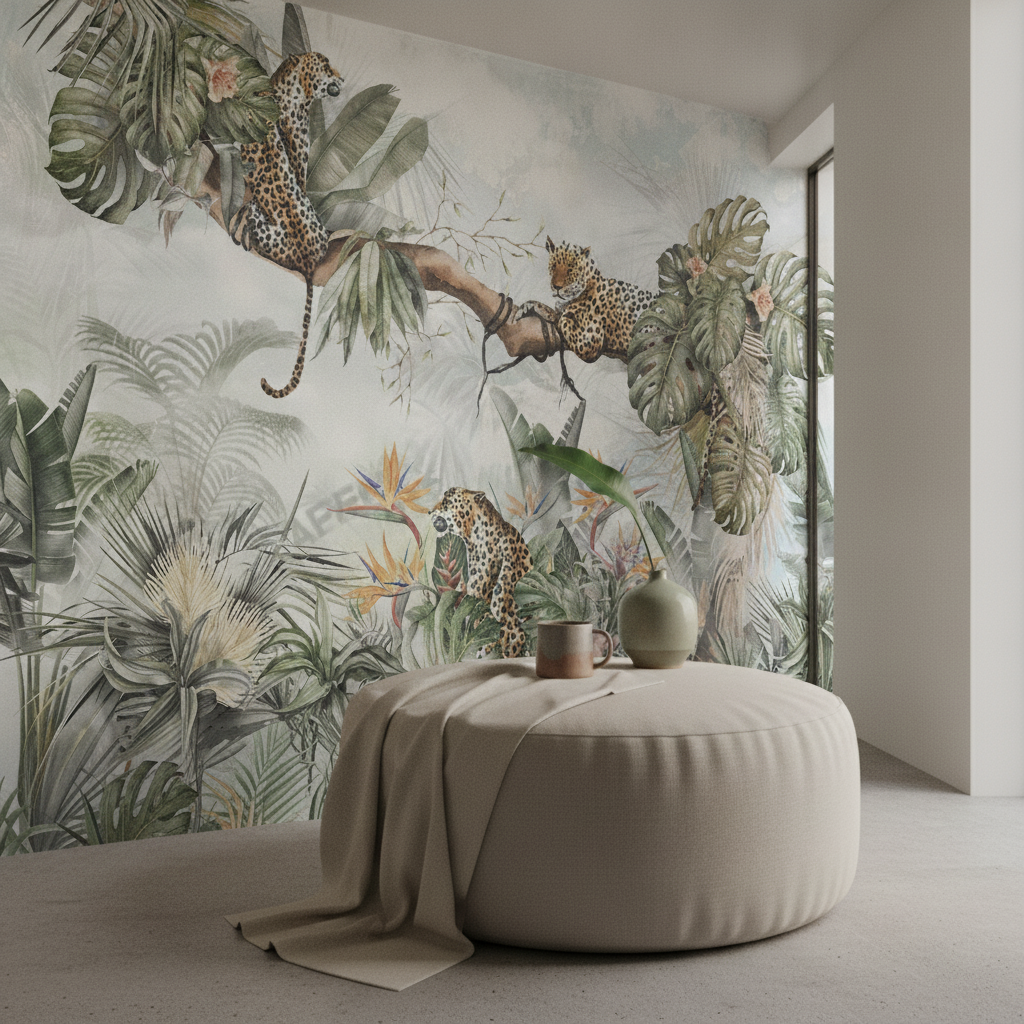 A full view of a custom-size watercolor wall mural depicting three leopards in a lush, dense tropical botanical scene with green and blue tones.