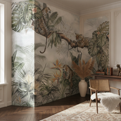 Hand-Painted Leopard Tropical Foliage Wall Mural shown in a styled room setting