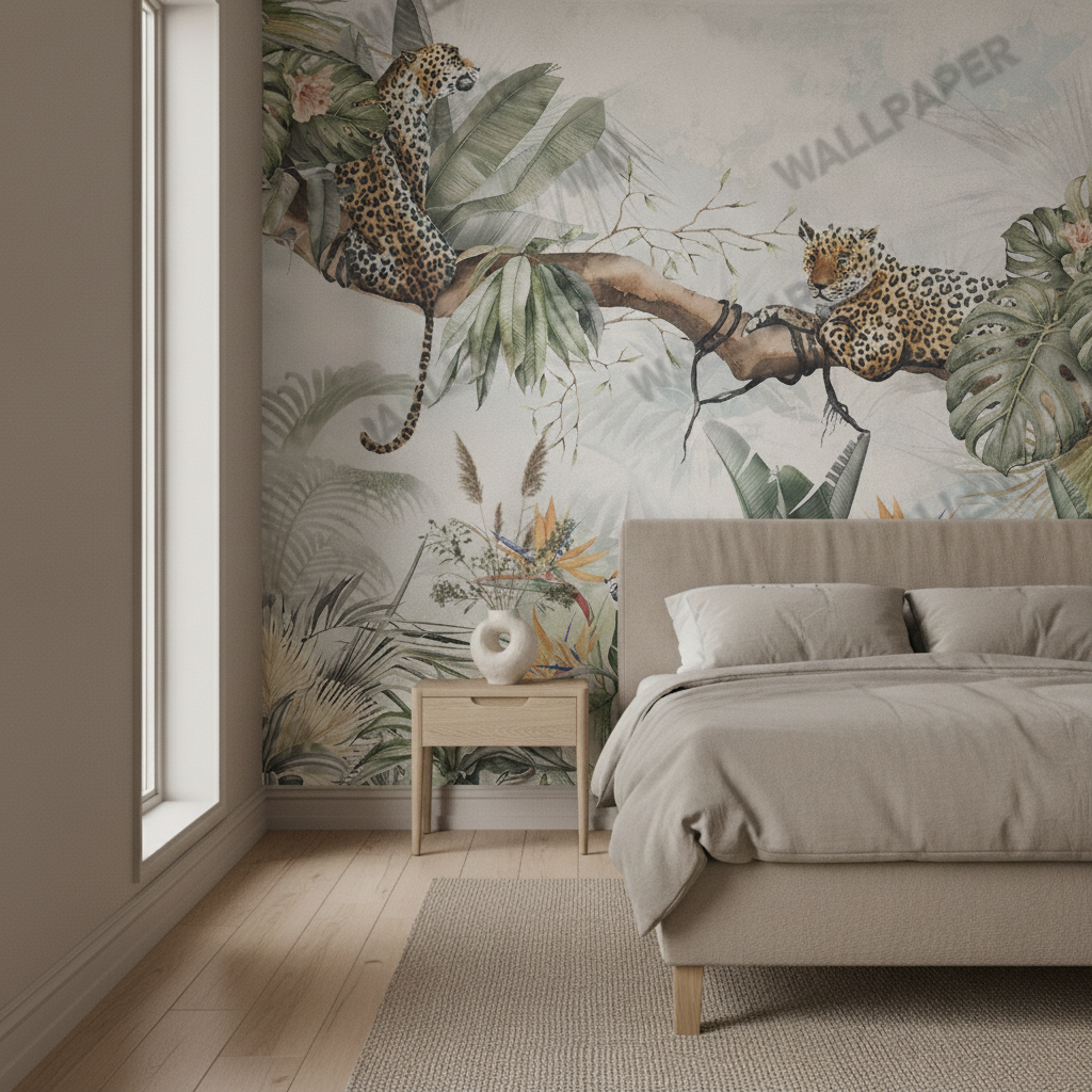 A detailed crop of a watercolor illustration featuring a leopard among dense tropical palm and monstera leaves.