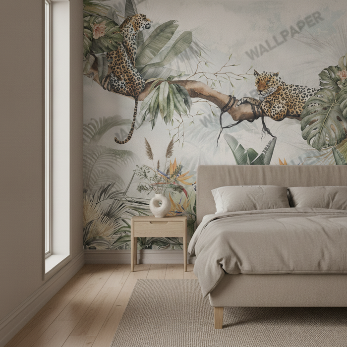 A detailed crop of a watercolor illustration featuring a leopard among dense tropical palm and monstera leaves.