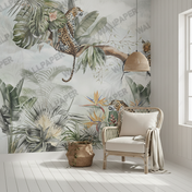 Hand-Painted Leopard Tropical Foliage Wall Mural shown in a styled room setting